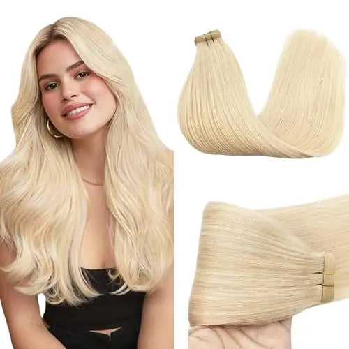 Tape-In Hair Extensions Human Hair 24" 20pcs #613R Bleach Blonde