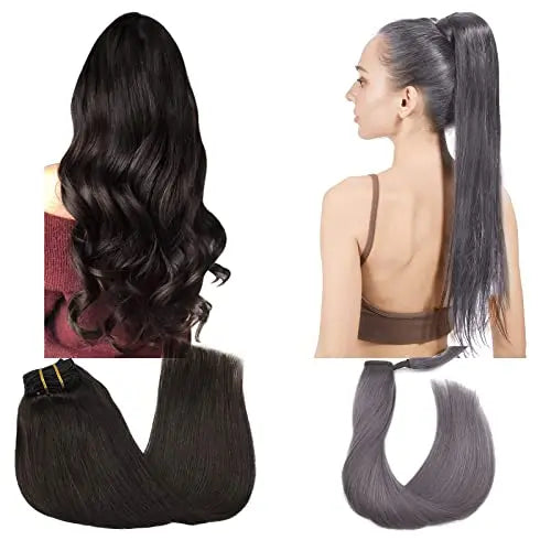 Bundle Clip-In + Ponytail Human Hair Extensions 16 Inch Remy Hair Extensions Real Human Hair, #2 Dark Brown & #S-Grey Smoky G