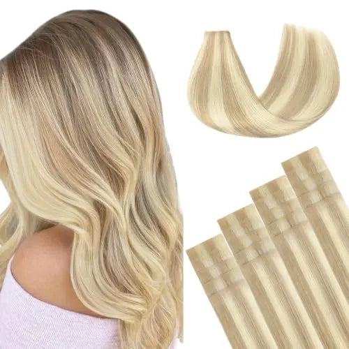 Invisi edge Tape-In Hair Extensions Human Hair, 18A/613A Dark Blonde Highlighted Bleach Blonde 20pcs 18inch 50g, Virgin Human