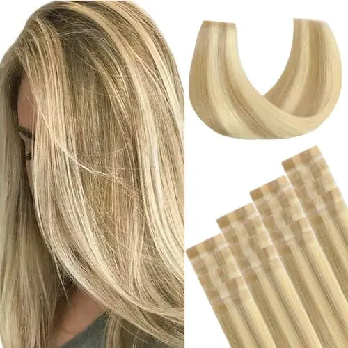Invisi Edge Tape-In Hair Extensions Human Hair, 18D/22F Dirty Blonde Highlights10pcs injected with 10pcs classical tape ins, 