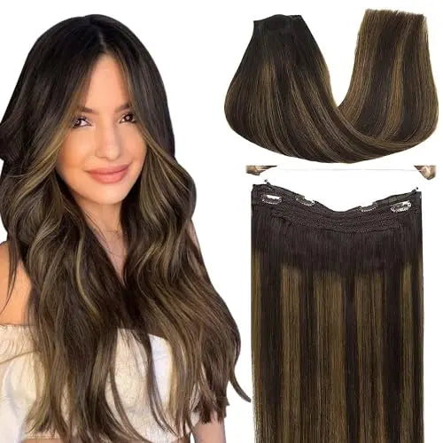 Wire Hair Extensions Human Hair, 2/6/2 Dark Brown with Chestnut Brown Balayage 18inch 95g, Invisible Wire Hair Extensions wit