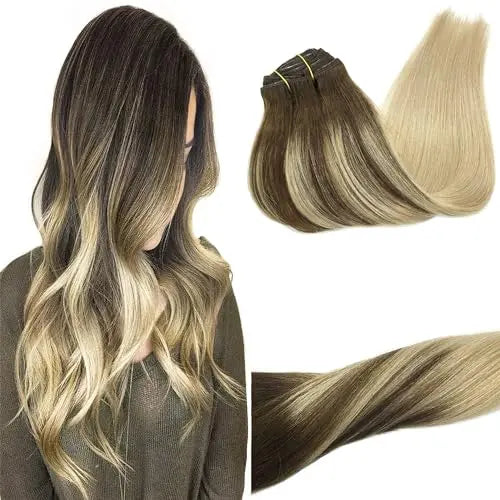 22 Inch Hair Extensions Clip-In Human Hair Ombre Chocolate Brown Fading to Dirty Blonde Clip-In Hair Extensions Human Hair 7 