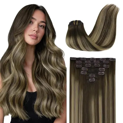 Clip-In Hair Extensions Real Human Hair, Remy Human Hair Extensions Clip ins for Women, Natural Human Hair, 26inch 135g 7Pcs,
