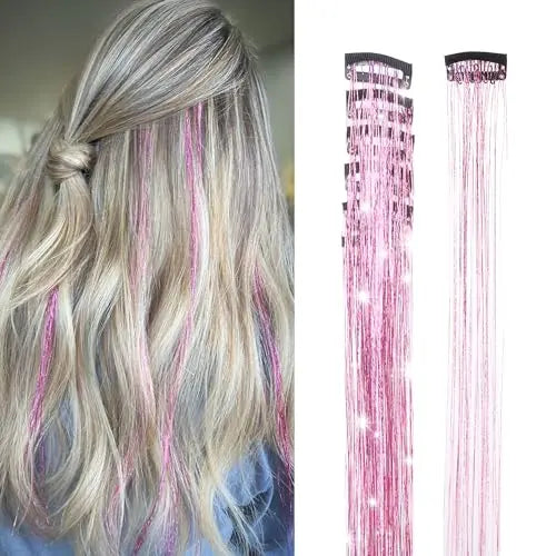 Clip-In Hair Tinsel 24 Inch-6pcs Pink Fairy Glitter, Heat Resistant Clip-In Sparkle Strands, Dazzling Glitter Tinsel for Wome