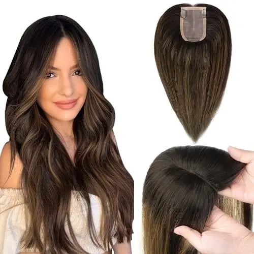 Human Hair Toppers for Women, Hairpiece for Thinning Hair, No Bangs Clip-In Hair Pieces, 5 * 2.75 inch Mono Top Base, Invisib
