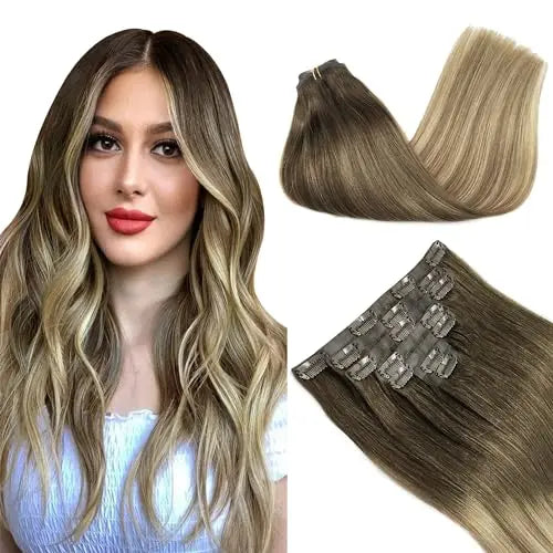 Clip-In Hair Extensions Real Human Hair, Remy Human Hair Extensions Clip ins for Women, Natural Human Hair, 18inch 130g 7Pcs,