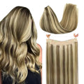 Wire Hair Extensions Human Hair, 8A/22 Medium Brown mix Golden Blonde Highlighted 16inch 95g, Invisible Wire Hair Extensions 