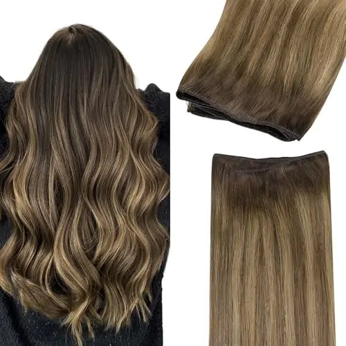 Sew in Hair Extensions Real Human Hair, Weft Hair Extensions Human Hair, 4D/14/5B Brunette Balayage 24inch 120g, Weft Bundles