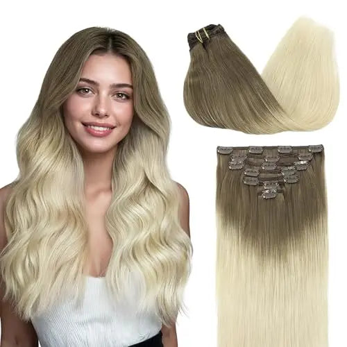Clip-In Hair Extensions Real Human Hair, Remy Human Hair Extensions Clip ins for Women, Natural Human Hair, 14inch 120g 7Pcs,