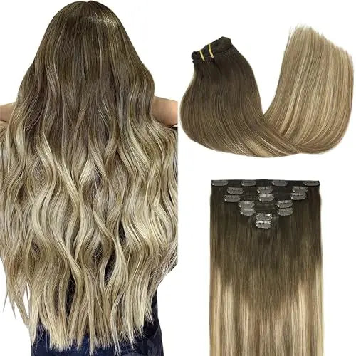 Clip-In Hair Extensions Real Human Hair, Remy Human Hair Extensions Clip ins for Women, Natural Human Hair, 14inch 120g 7Pcs,