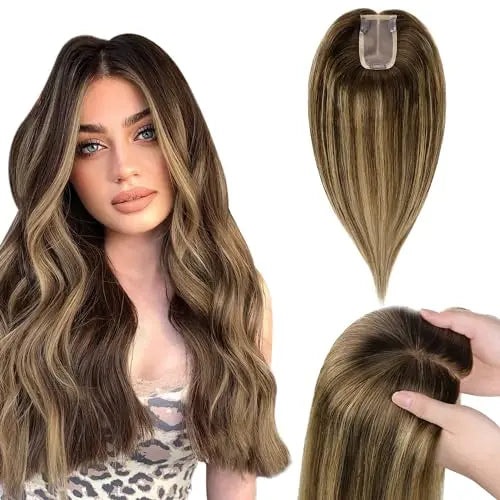 Human Hair Toppers for Women, Hairpiece for Thinning Hair, No Bangs Clip-In Hair Pieces, 5 * 2.75 inch Mono Top Base, Invisib
