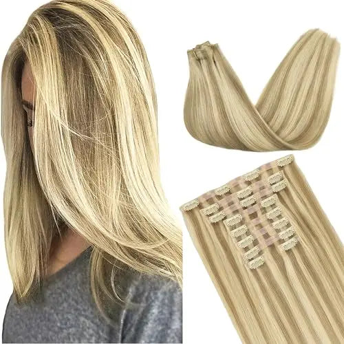 Clip-In Hair Extensions Real Human Hair, Remy Human Hair Extensions Clip ins for Women, Natural Human Hair, 14inch 130g 9Pcs,