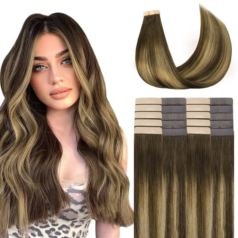 Tape-In Hair Extensions Chocolate Brown to Caramel Blonde Real Human Hair Extensions Seamless Straight Human Hair Extensions 