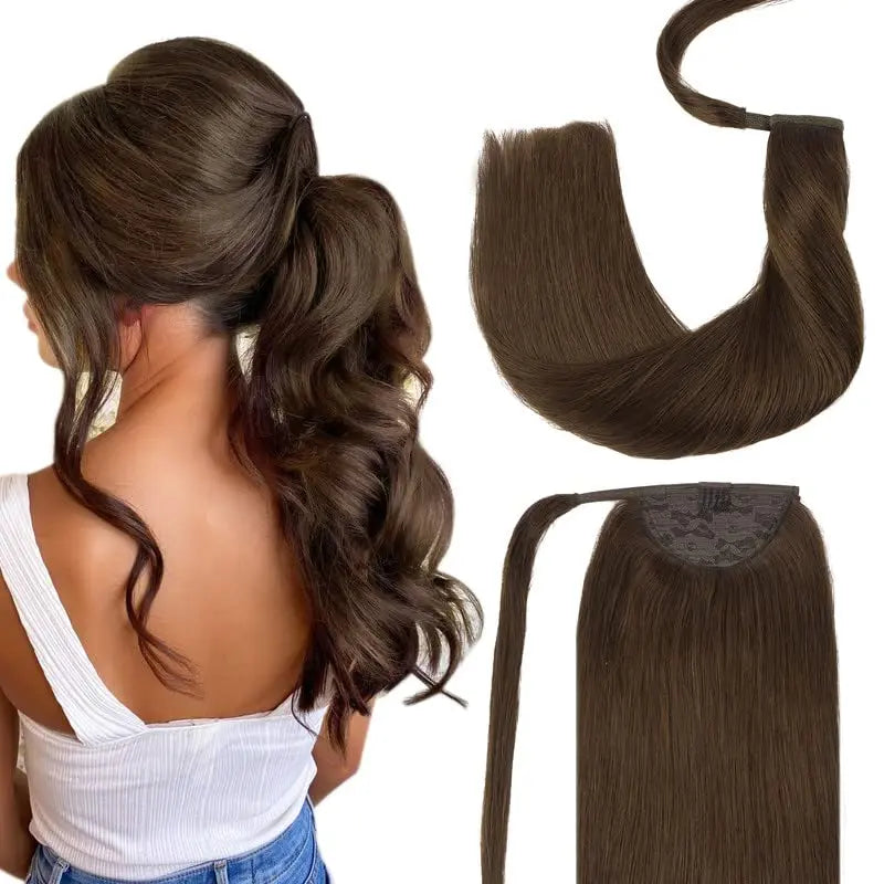 Ponytail Extension, Long Straight Wrap Around Clip-In Handmade Real Human Hair for Women, Hair Piece Pony Tail Hair Extension