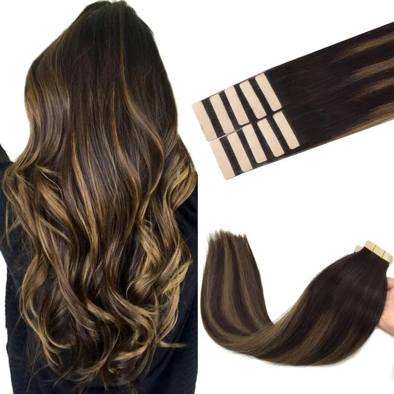 Tape-In Hair Extensions Human Hair, 2/6/2 Balayage Dark Brown to Chestnut Brown, 18inch 25g 10pcs, Skin Weft Seamless Invisib
