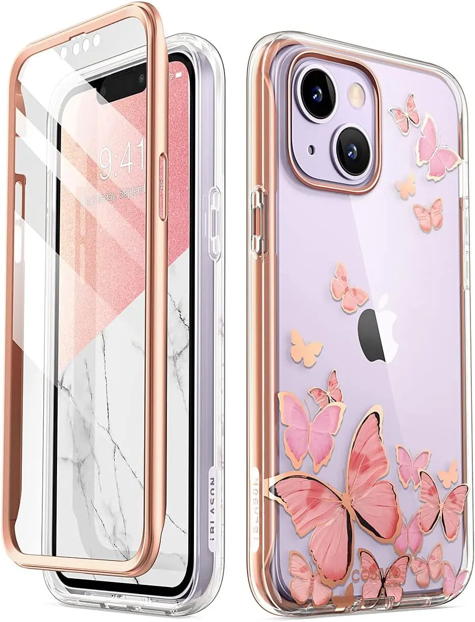 i-Blason Cosmo for iPhone 14 Case/iPhone 13 Case with Built-in Screen Protector, [Support Wireless Charging] Slim Full-Body Stylish Protective Phone Case for iPhone 14/13 6.1'', Pinkfly My Store