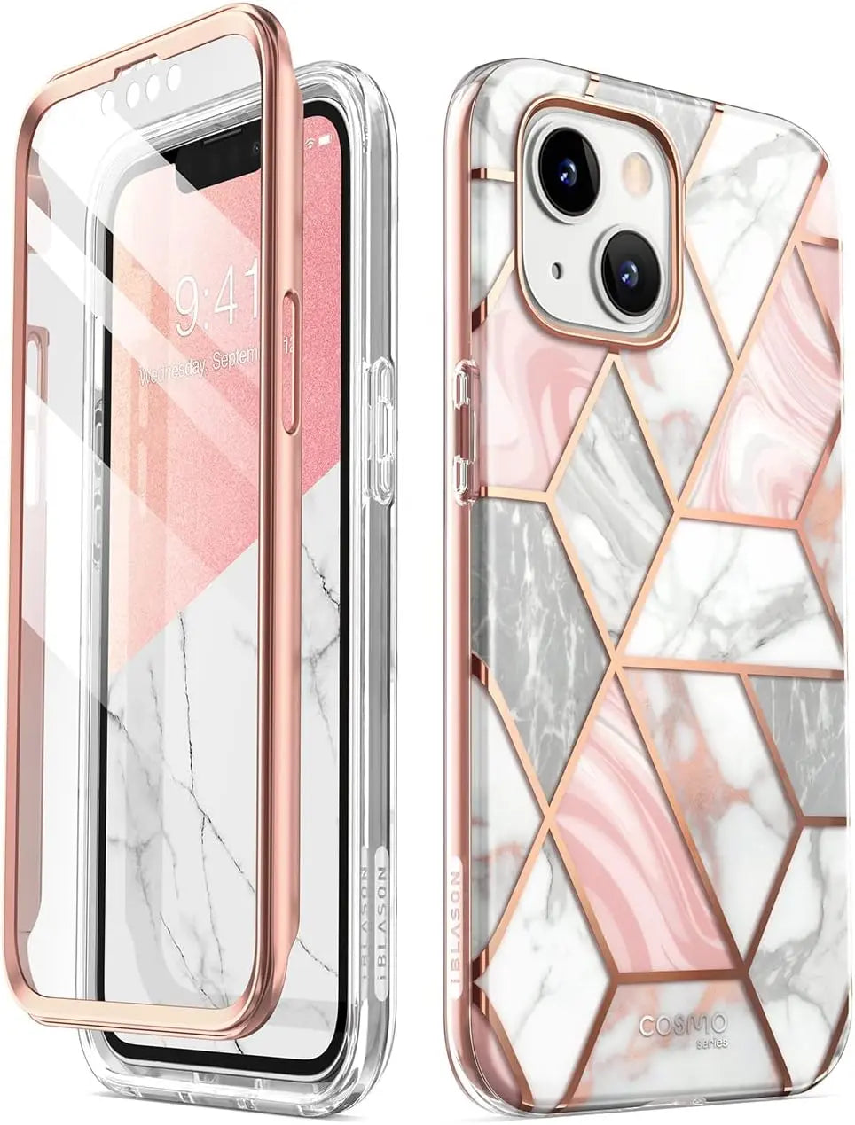 i-Blason Cosmo for iPhone 14 Case/iPhone 13 Case with Built-in Screen Protector, [Support Wireless Charging] Slim Full-Body Stylish Protective Phone Case for iPhone 14/13 6.1'', Marble Pink My Store
